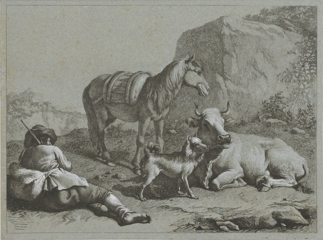 Liggende herder met paard, koe en hond door Francesco Londonio