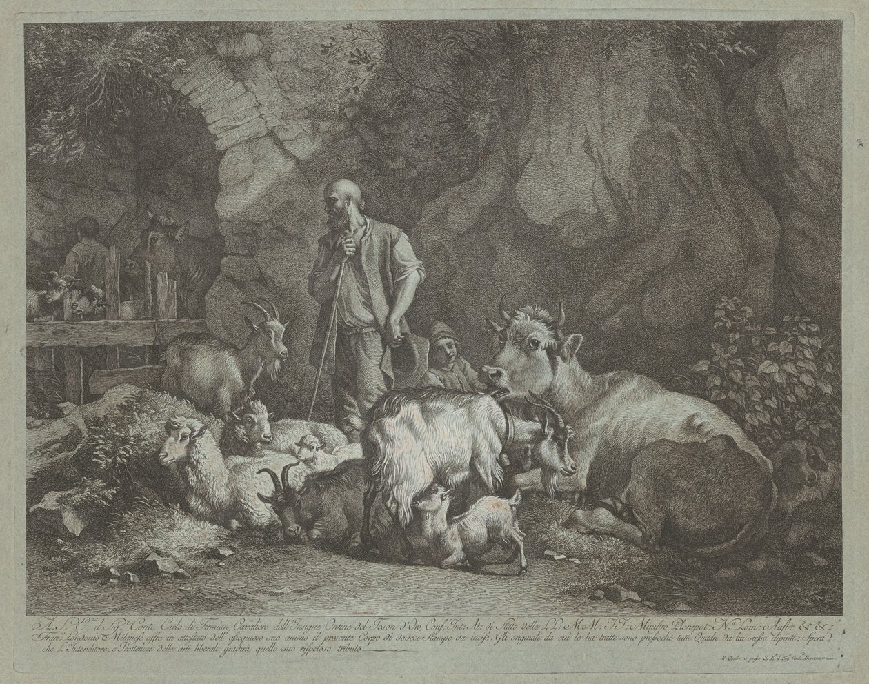Oude, Kaalhoofdige Herder, Zittende Herdersjongen en Kudde door Francesco Londonio