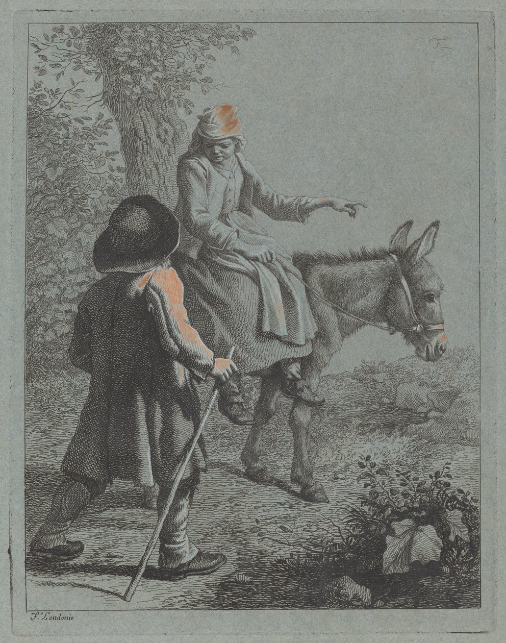 Boerin zittend op een ezel en een boer door Francesco Londonio