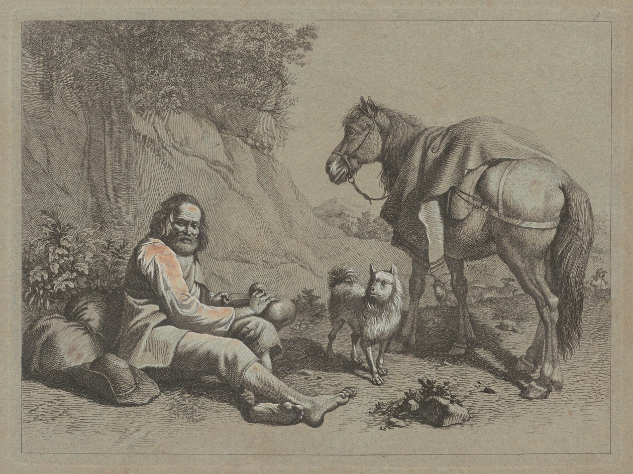 Zittende oude man op het punt om uit een kalebas te drinken, ca. 1763 door Francesco Londonio