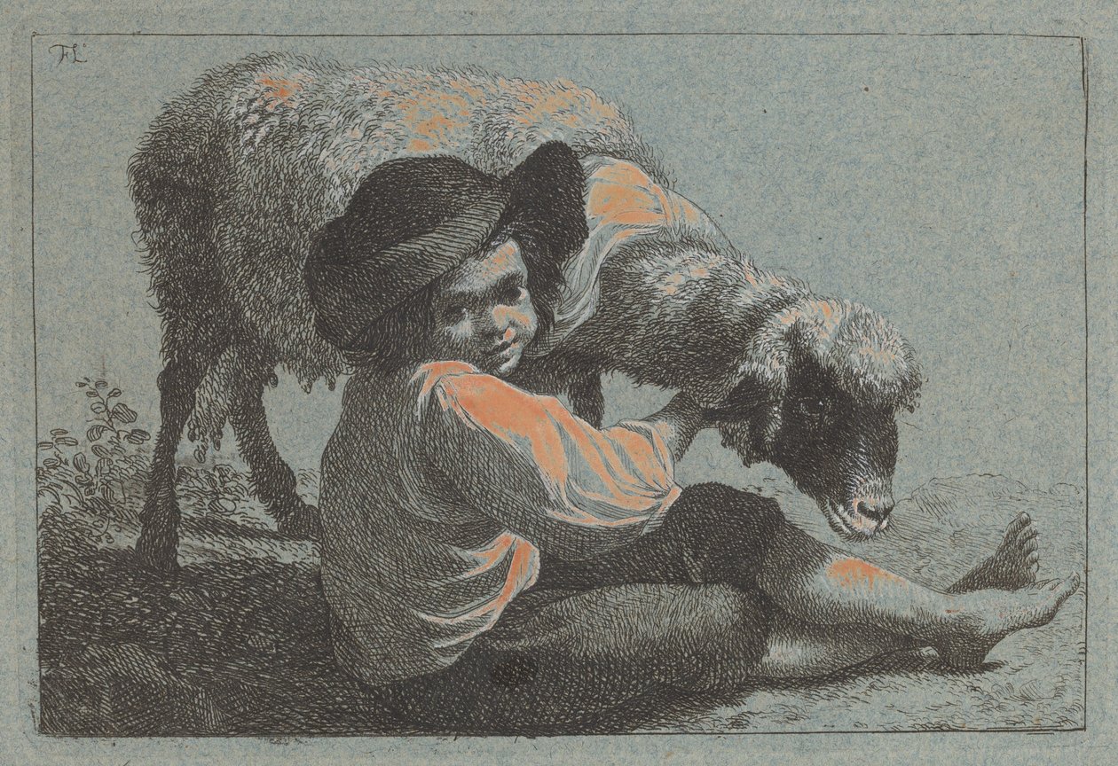 Zittende boerenjongen met een schaap door Francesco Londonio