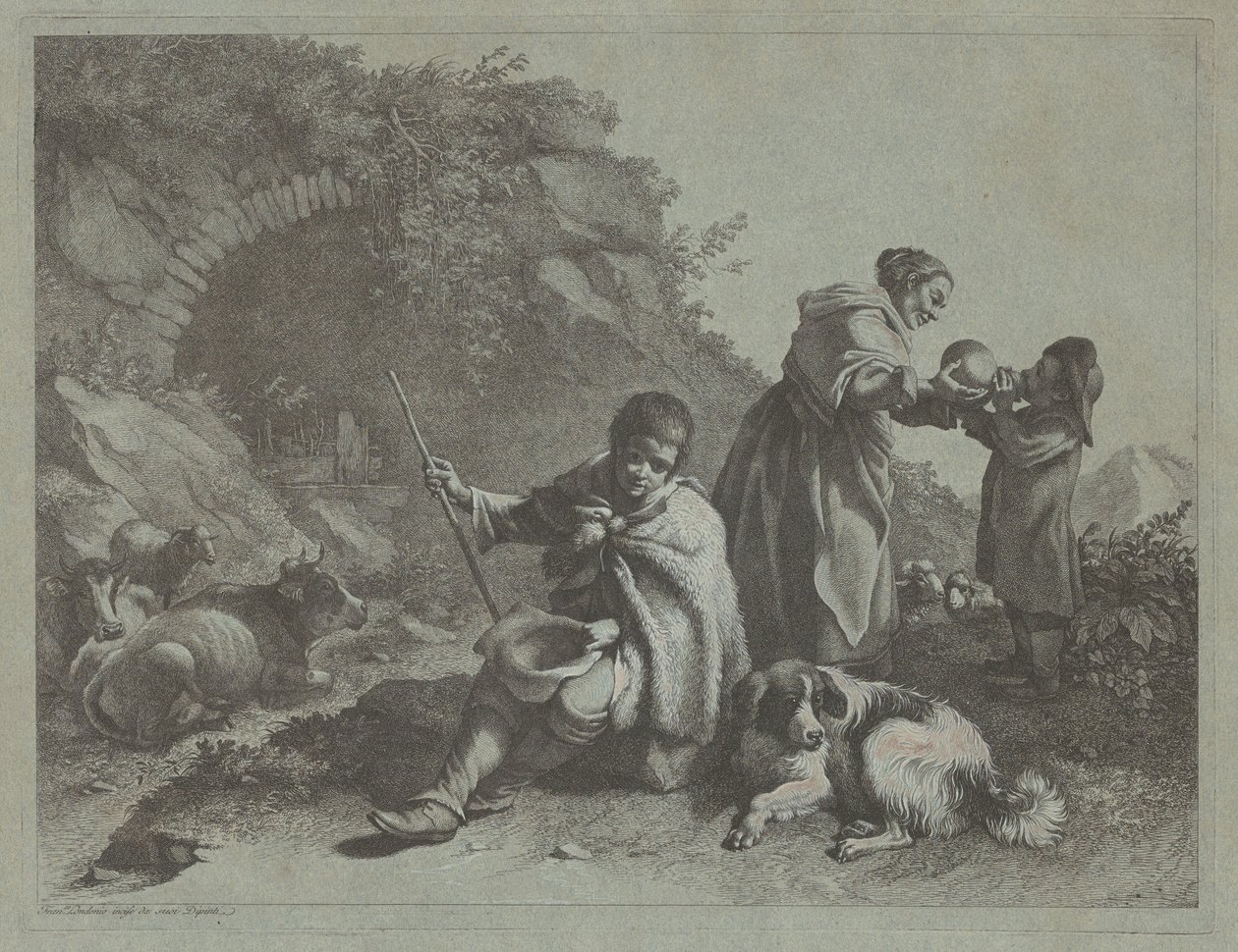 Zittende Herderjongen en Vrouw die een Kind een Drankje Geeft, 1759-1782 door Francesco Londonio