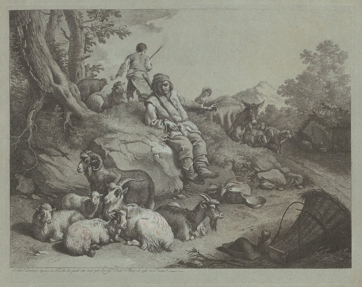Zittende herder voor een kudde geiten, na 1766 door Francesco Londonio