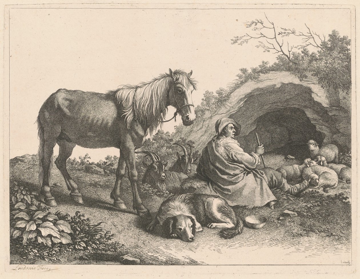Zittende herder met paard, hond, geiten en schapen, na 1776 door Francesco Londonio