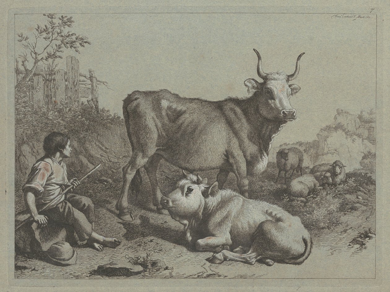 Zittende Herder met een Stier en Kalf door Francesco Londonio