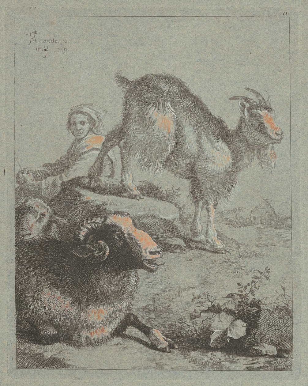 Zittende Herderin, een Ram, een Schaap en een Geit door Francesco Londonio