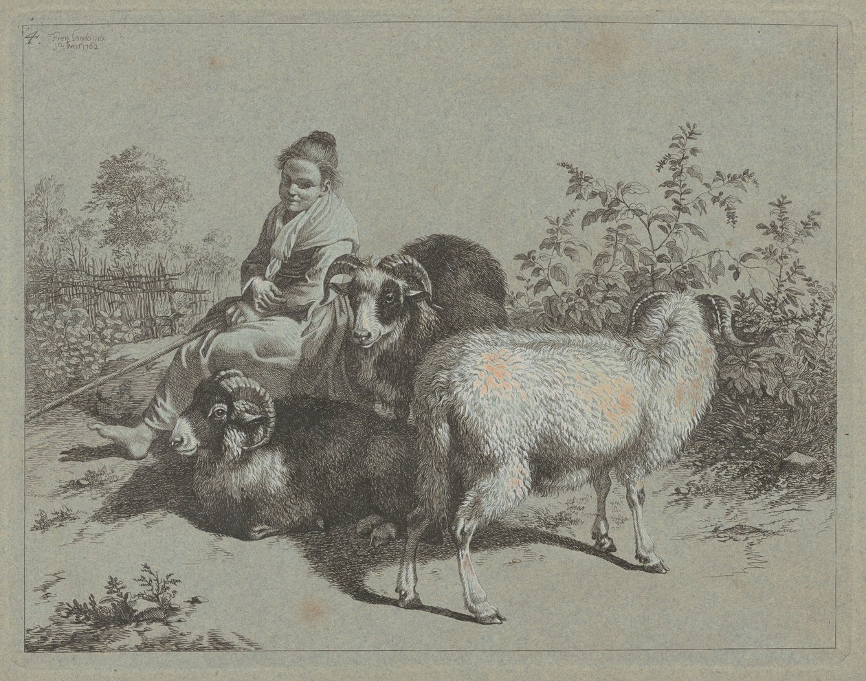 Zittende Herderin met Drie Ramsen, 1762 door Francesco Londonio