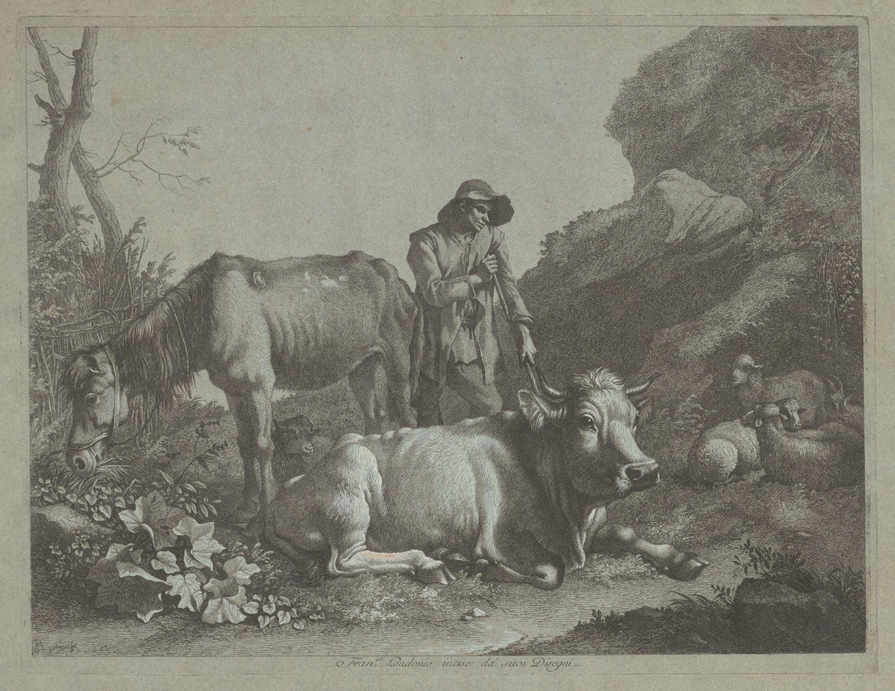 Herder Rustend op een Wandelstok met een Oud Paard en een Liggende Stier door Francesco Londonio
