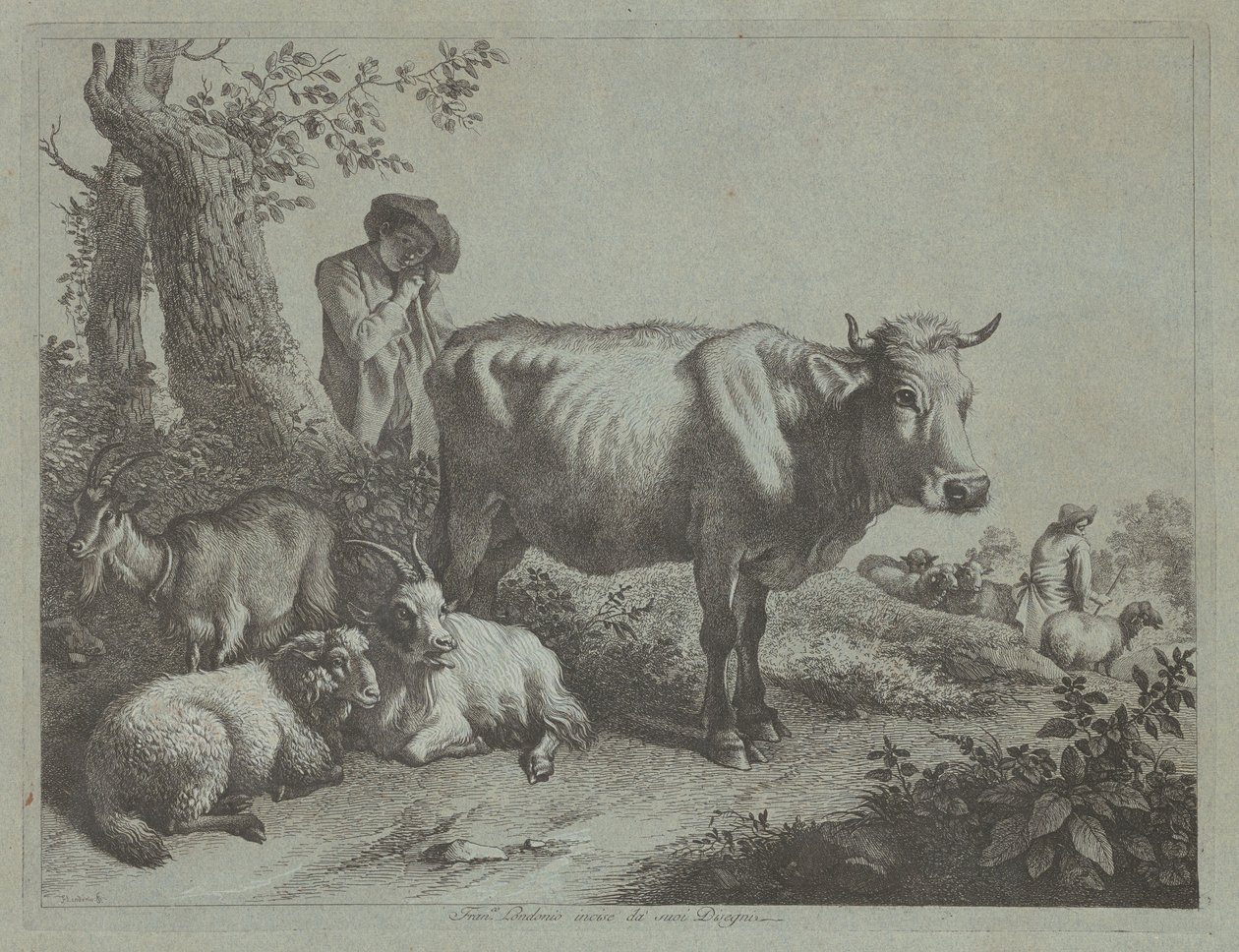 Staande Koe en een Herderjongen met Kudde door Francesco Londonio