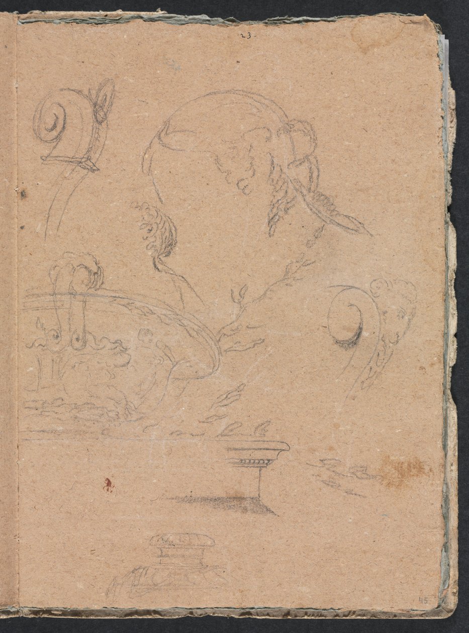 Verona Schetsboek: Architecturale motieven met vrouwenhoofd, pagina 45, 1760 door Francesco Lorenzi