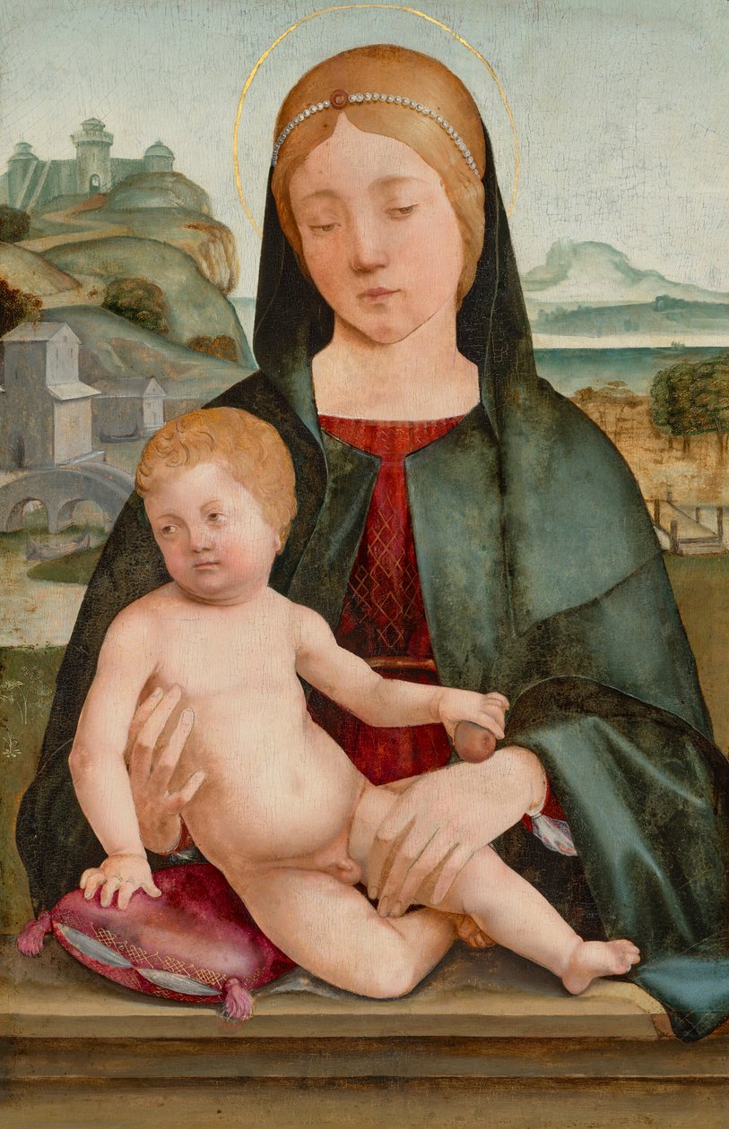 Madonna en kind in een landschap door Francesco Marmitta