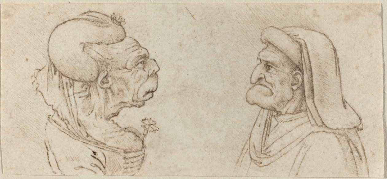 Twee Groteske Hoofden door Francesco Melzi after Leonardo da Vinci