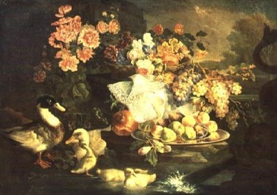 Stilleven van fruit en bloemen met een eend, woerd en eendjes door Francesco Morosini