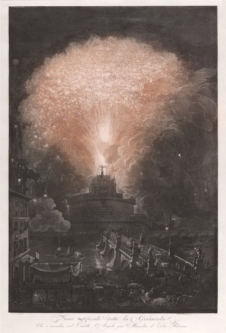 Vuurwerk genaamd de Girandola die door Francesco Piranesi