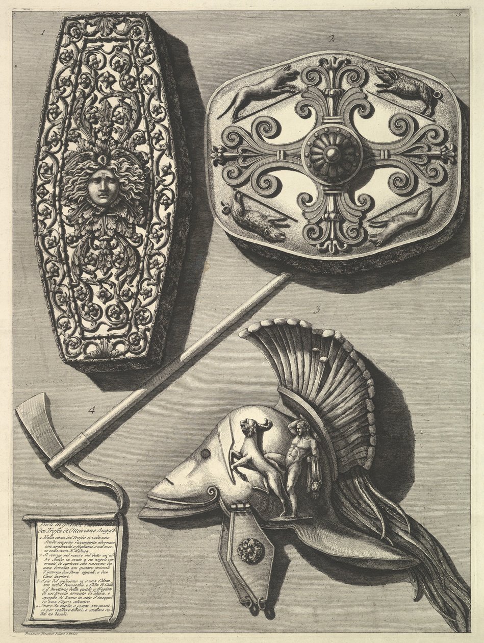 Parti in grande restaurati de Trofei de Ottaviano Augusto (gerestaureerd detail), ca. 1753 door Francesco Piranesi