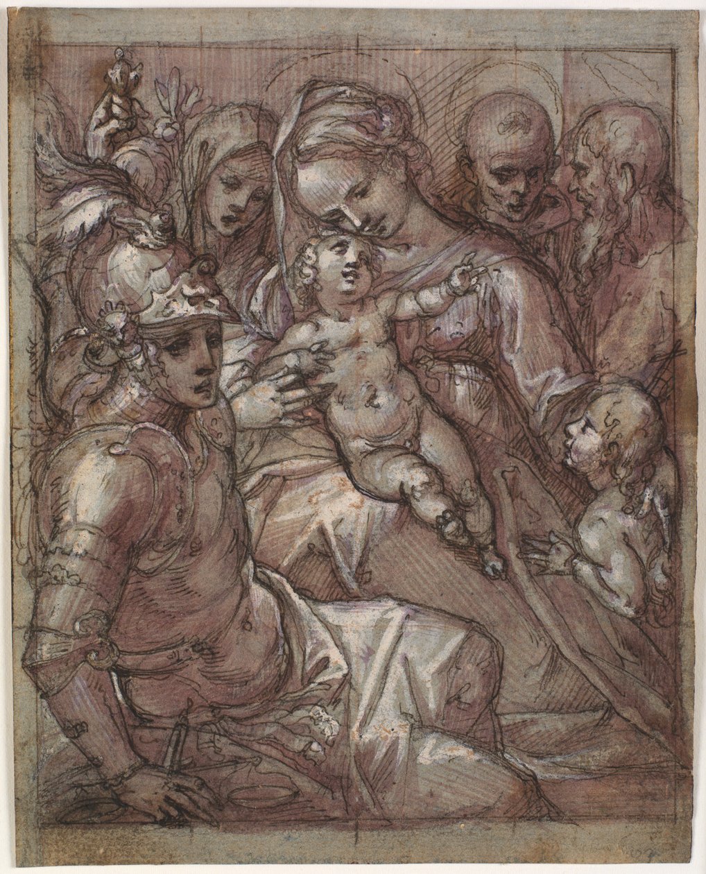 Maagd Maria en het Kind Jezus met Johannes de Doper als jongen, Bernardino van Siena (?), Catharina van Siena, aartsengel Michaël en een bebaarde heilige door Francesco Rustici