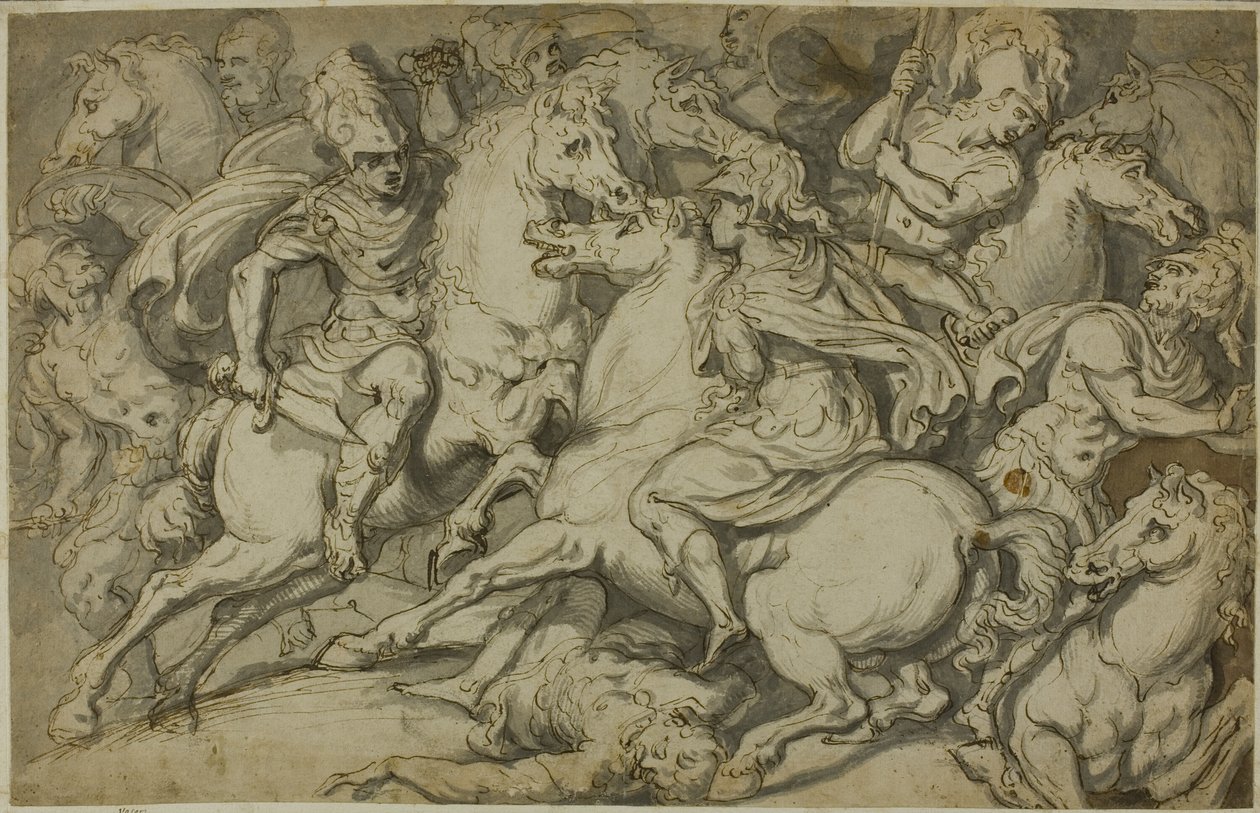 Cavalerie schermutseling (recto); knielende Ecorché (verso) door Francesco Salviati