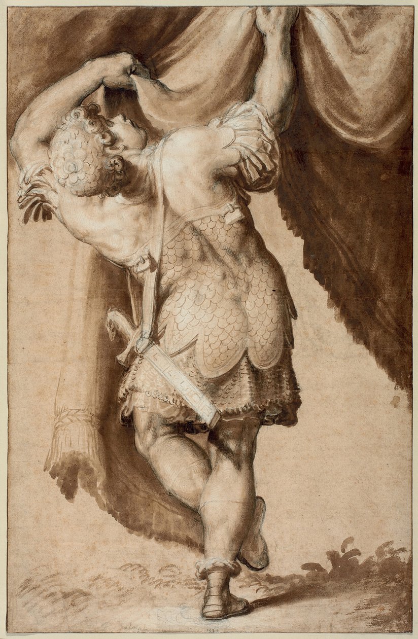 Jonge krijger, van achteren gezien, die een gordijn optilt door Francesco Salviati