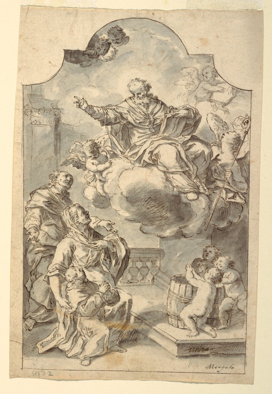 Tekening, Een votiefbeeld van een jongen die door zijn ouders wordt aangeboden aan de heilige Nicolaas van Bari, laat 18e eeuw door Francesco Saverio Mergolo
