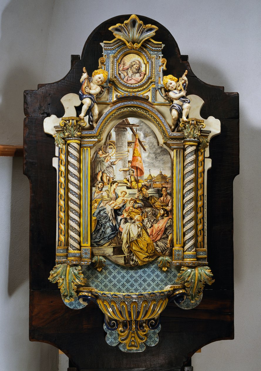Grote wijwaterbak in beschilderde majolica met centrale scène uit schilderij Aanbidding der Wijzen door Francesco Solimena (1657-1747), Italië, 20e eeuw door Francesco Solimena