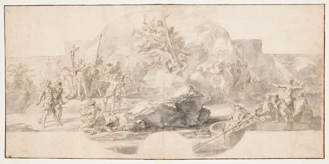 Studie voor schilderij "De landing van Columbus in Amerika," Sala del Minor Consiglio, Palazzo Ducale, Genua, Italië door Francesco Solimena