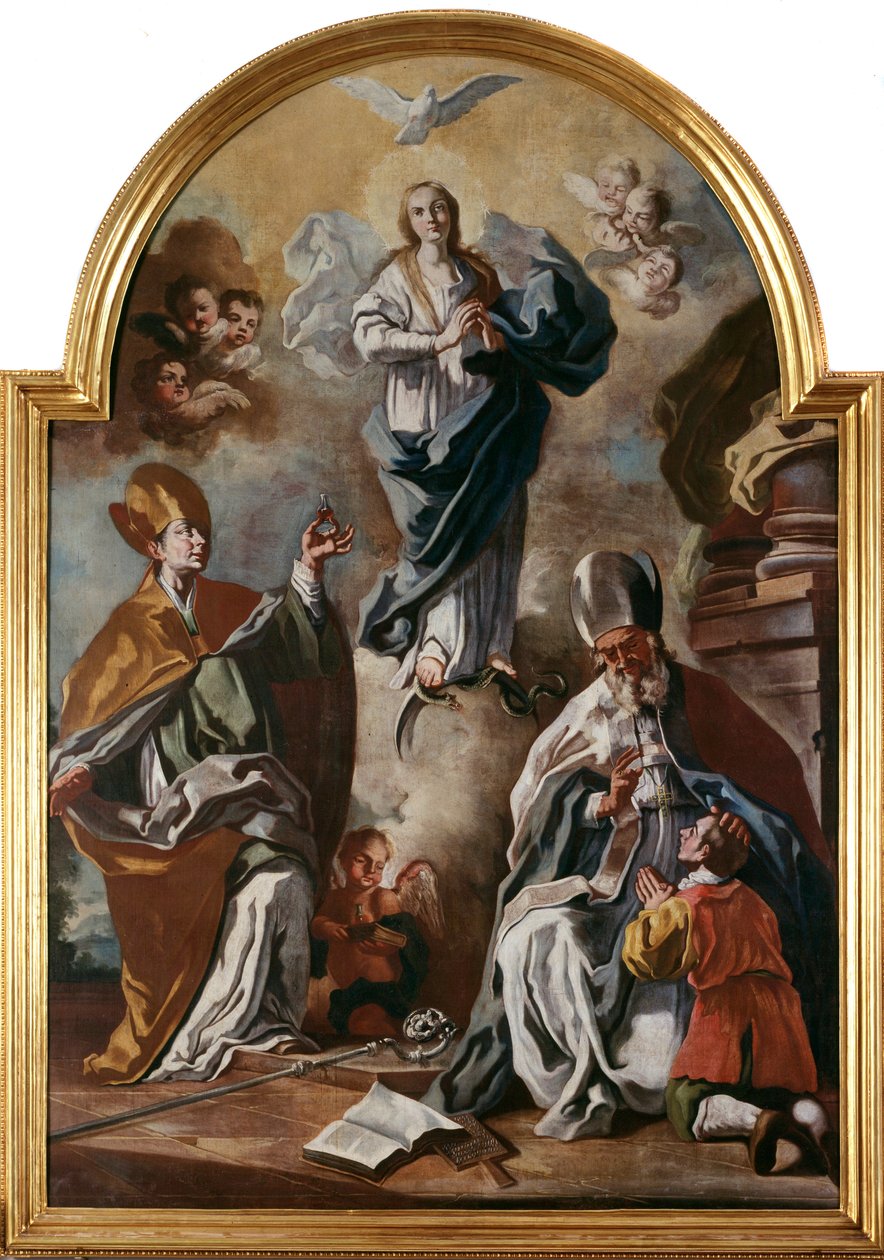 De duif van de Heilige Geest verschijnt boven de Maagd met heiligen door Francesco Solimena