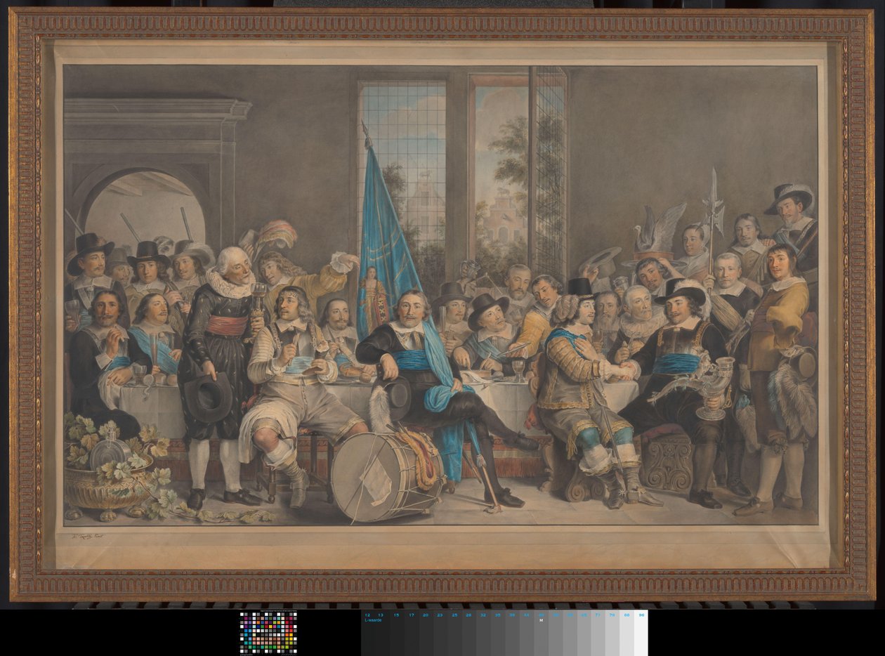 Schuttersmaaltijd in de Voetboog (St. Joris) doelen te Amsterdam, ter viering van het sluiten van de Vrede van Münster, 18 juni 1648 door Francesco Tozelli (signed by artist)