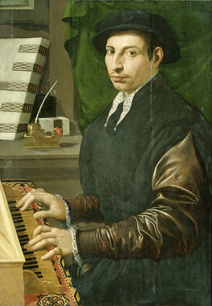 Portret van een man die een virginaal bespeelt door Francesco Traballesi