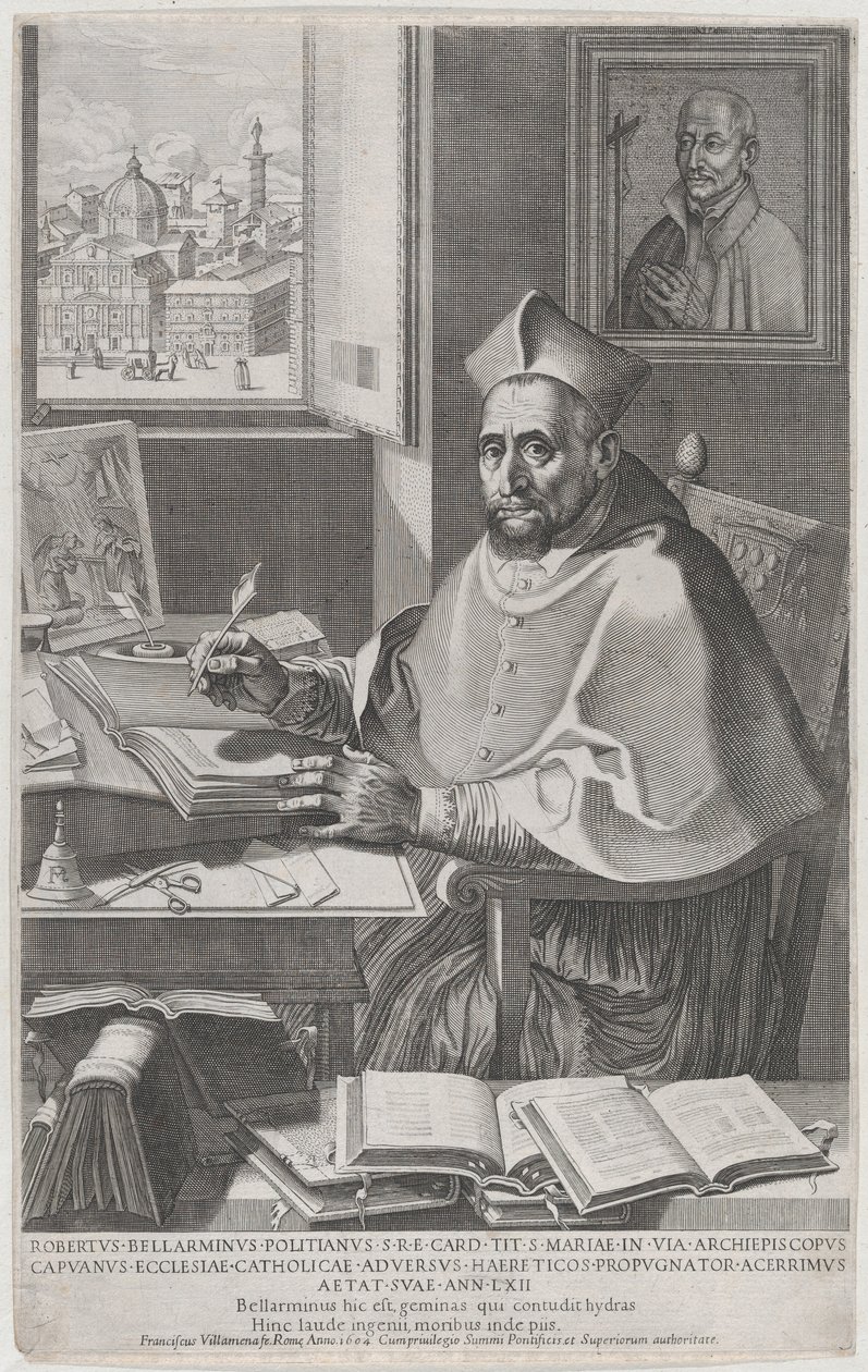 Kardinaal Roberto Bellarmino aan zijn bureau, schrijvend, 1604 door Francesco Villamena