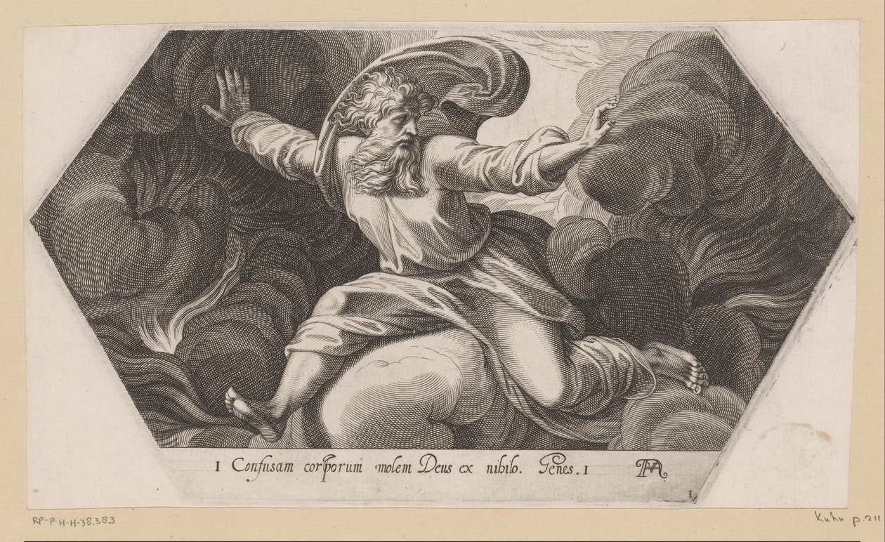 God scheidt het licht van de duisternis Schilderingen in de Loggia van Rafaël (serietitel) La Sacra Genesi (serietitel) door Francesco Villamena