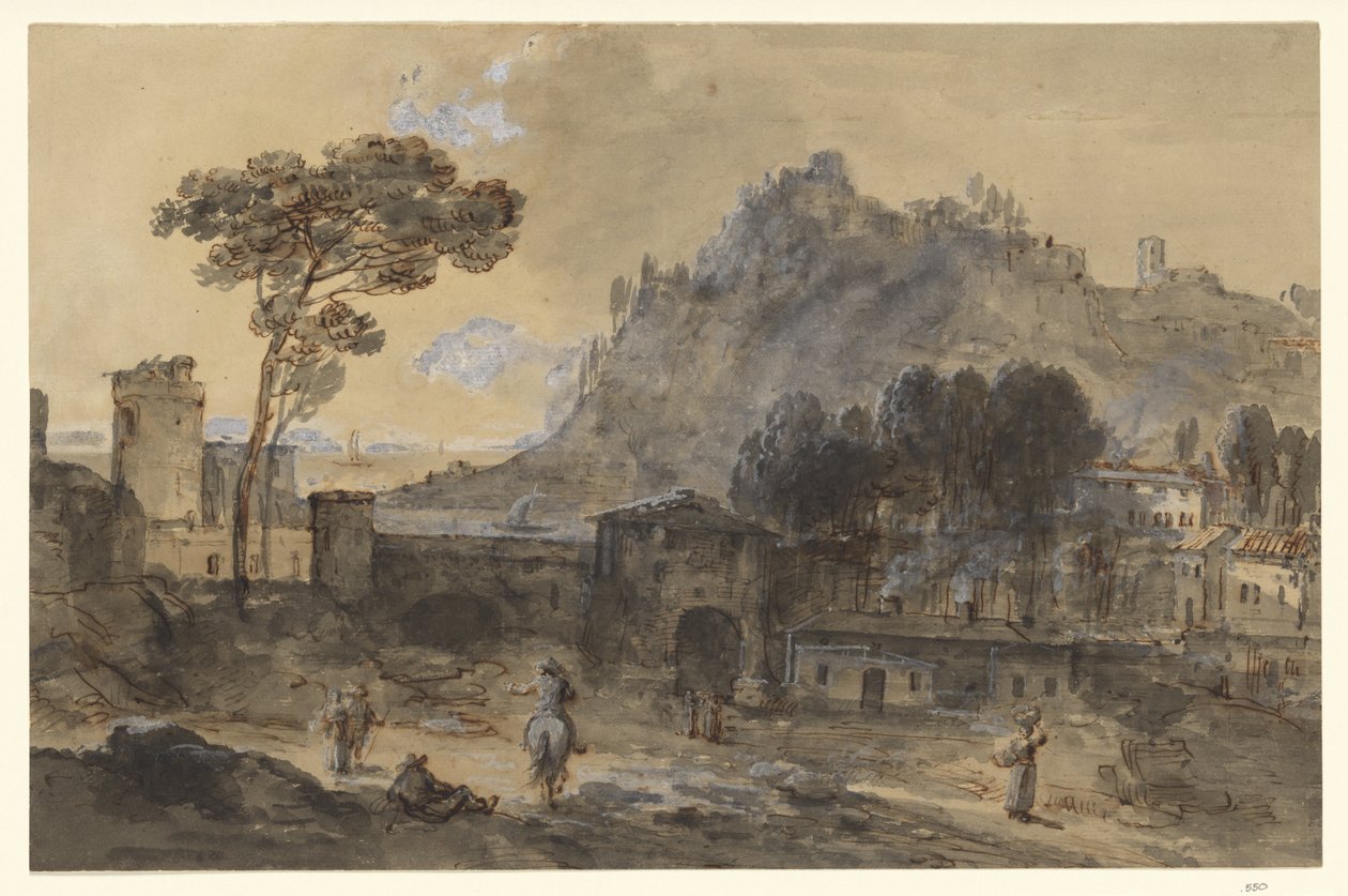 Klassiek landschap: een stad en een berg aan de kust door Francesco Zuccarelli