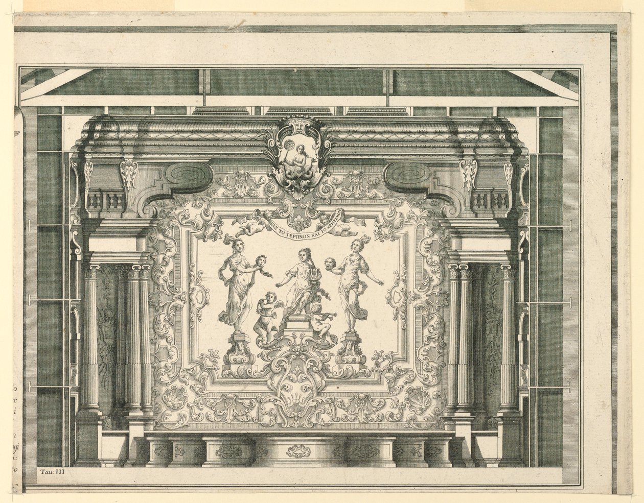 Dwarsdoorsnede, proscenium en gordijn, Teatro Filarmonico, Verona door Francesco Zucchi