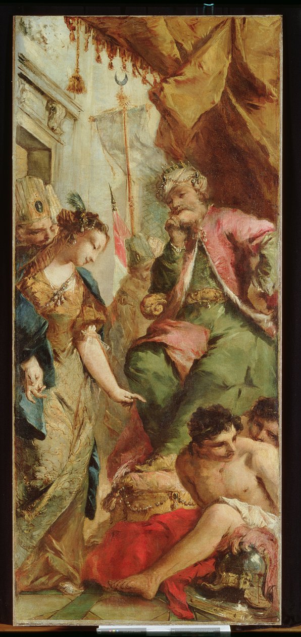 Sophronia vraagt de Saraceense Koning Aladine om de Christelijke Gevangenen vrij te laten, c.1760 door Francesco and/or Gian Antonio (1699 1761) Guardi