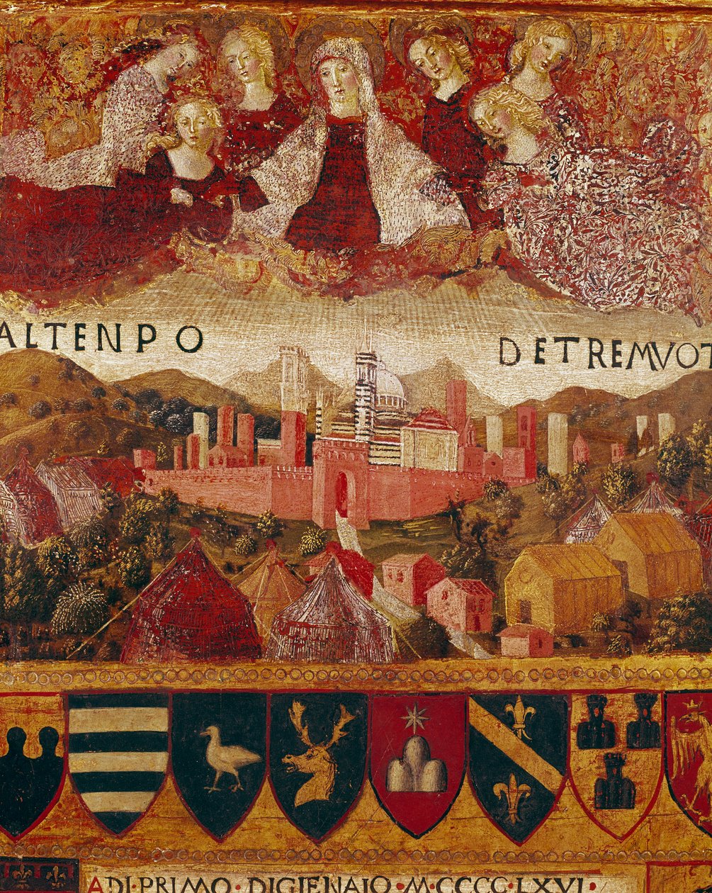 Ex voto: De Maagd Maria beschermt de stad Siena tijdens de aardbevingen van 1466-1467 (detail) door Francesco di Giorgio Martini