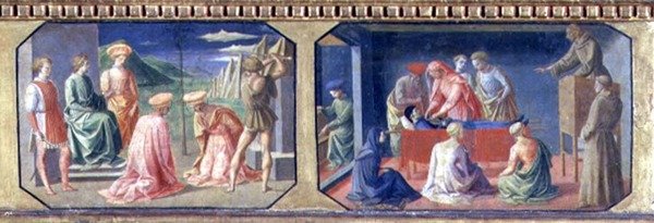 Het martelaarschap van SS. Cosmas en Damian, St. Antonius van Padua vindt het hart van de vrek; twee panelen van de predella van de Madonna en Kind op de Troon door Filippo Lippi door Francesco di Stefano Pesellino