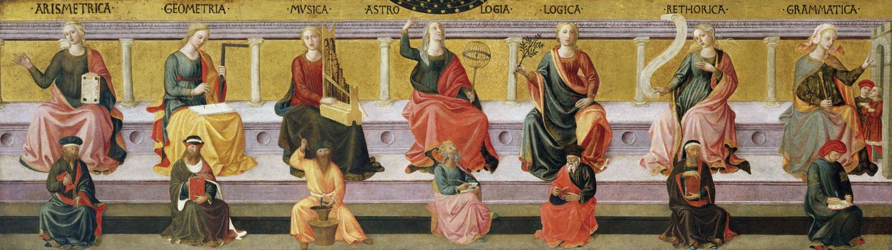De zeven vrije kunsten (Rekenkunde, meetkunde, muziek, astrologie, logica, retorica en grammatica) door Francesco di Stefano Pesellino