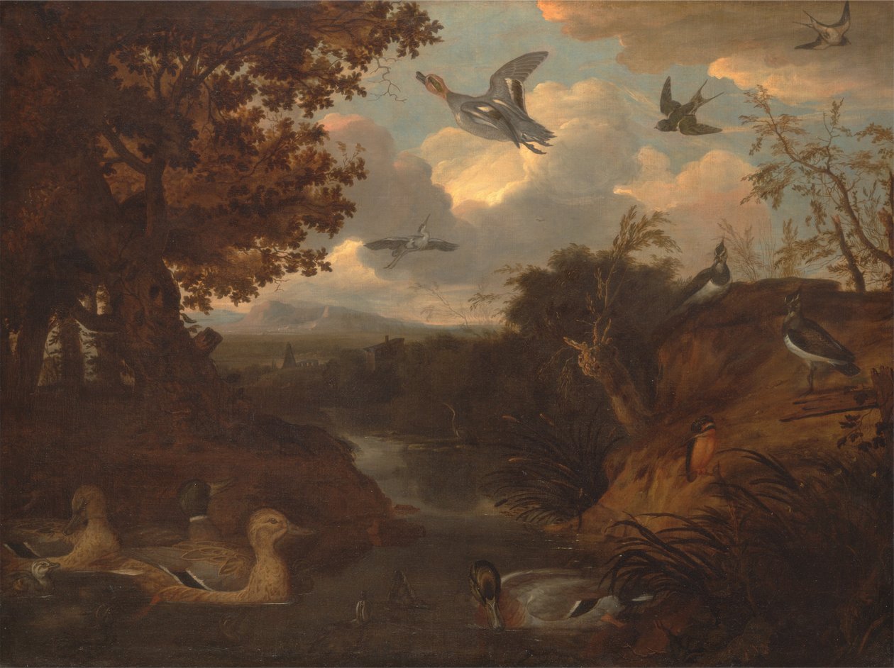 Eenden en andere vogels bij een stroom in een Italiaans landschap door Francis Barlow