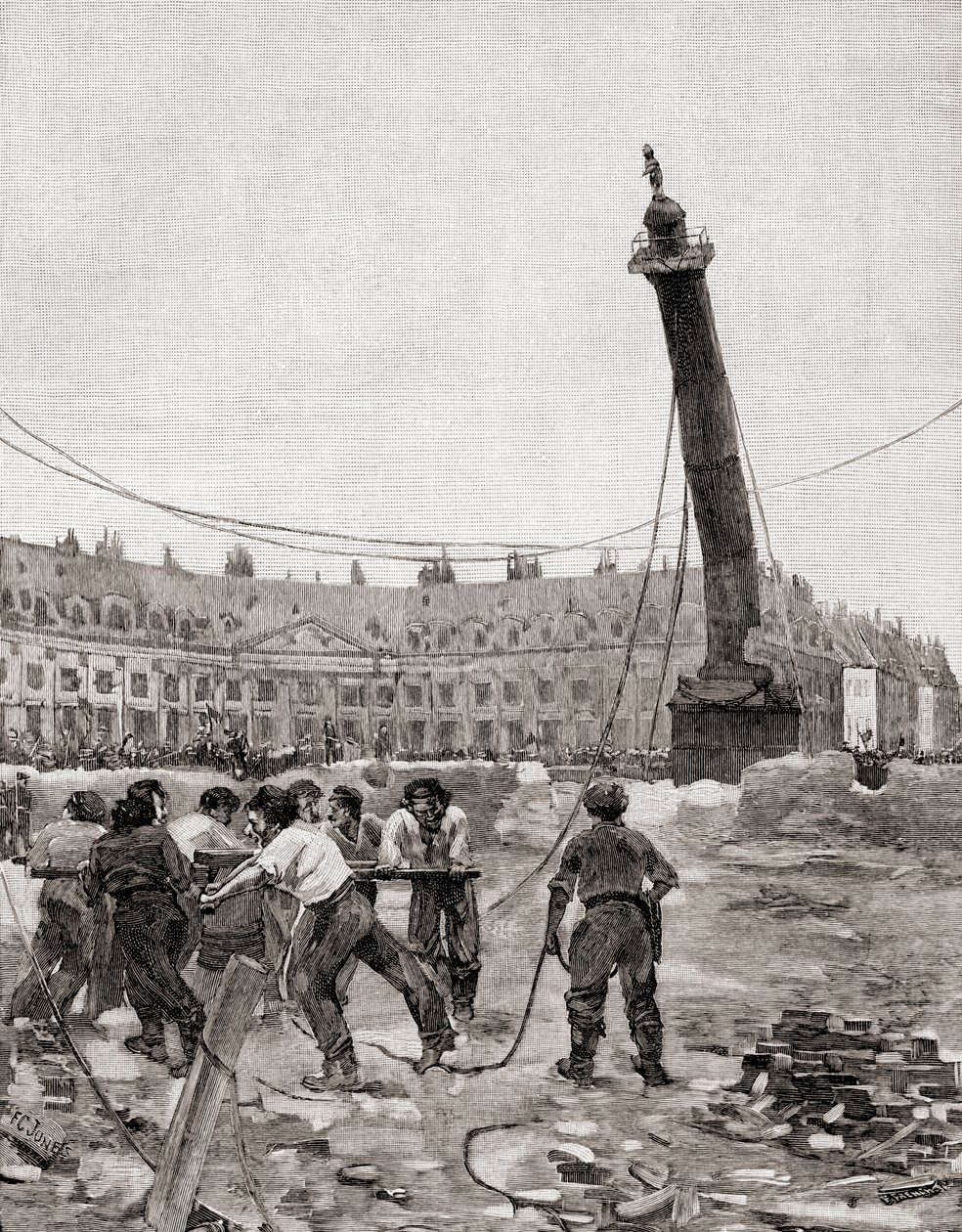 het neerhalen van de Vendôme-zuil tijdens de Parijse Commune, Parijs, Frankrijk in 1871, uit The Century Illustrated Monthly Magazine, gepubliceerd 1884 door Francis Coates Jones