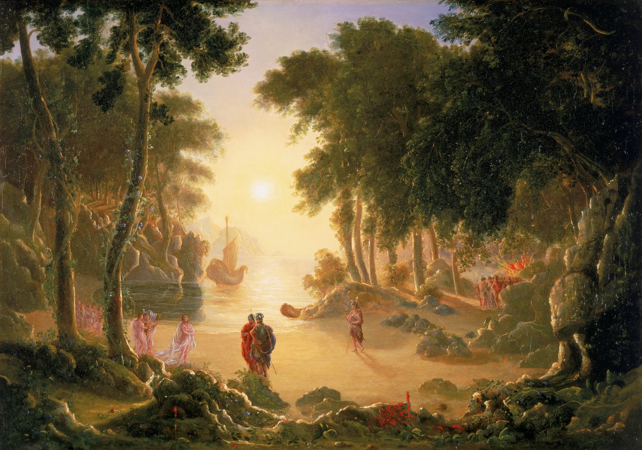 Telemachus, zoon van Odysseus, en de godin Minerva met Calypso door Francis Danby