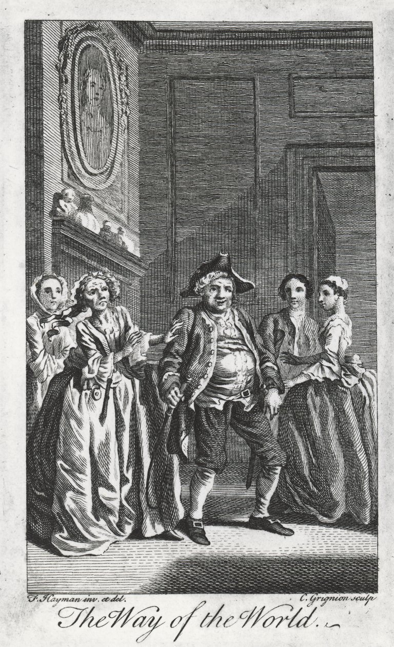 Scène uit The Way of the World, door William Congreve (1670-1729), gravure door Charles Grignon naar een tekening van Francis Hayman in Lincoln