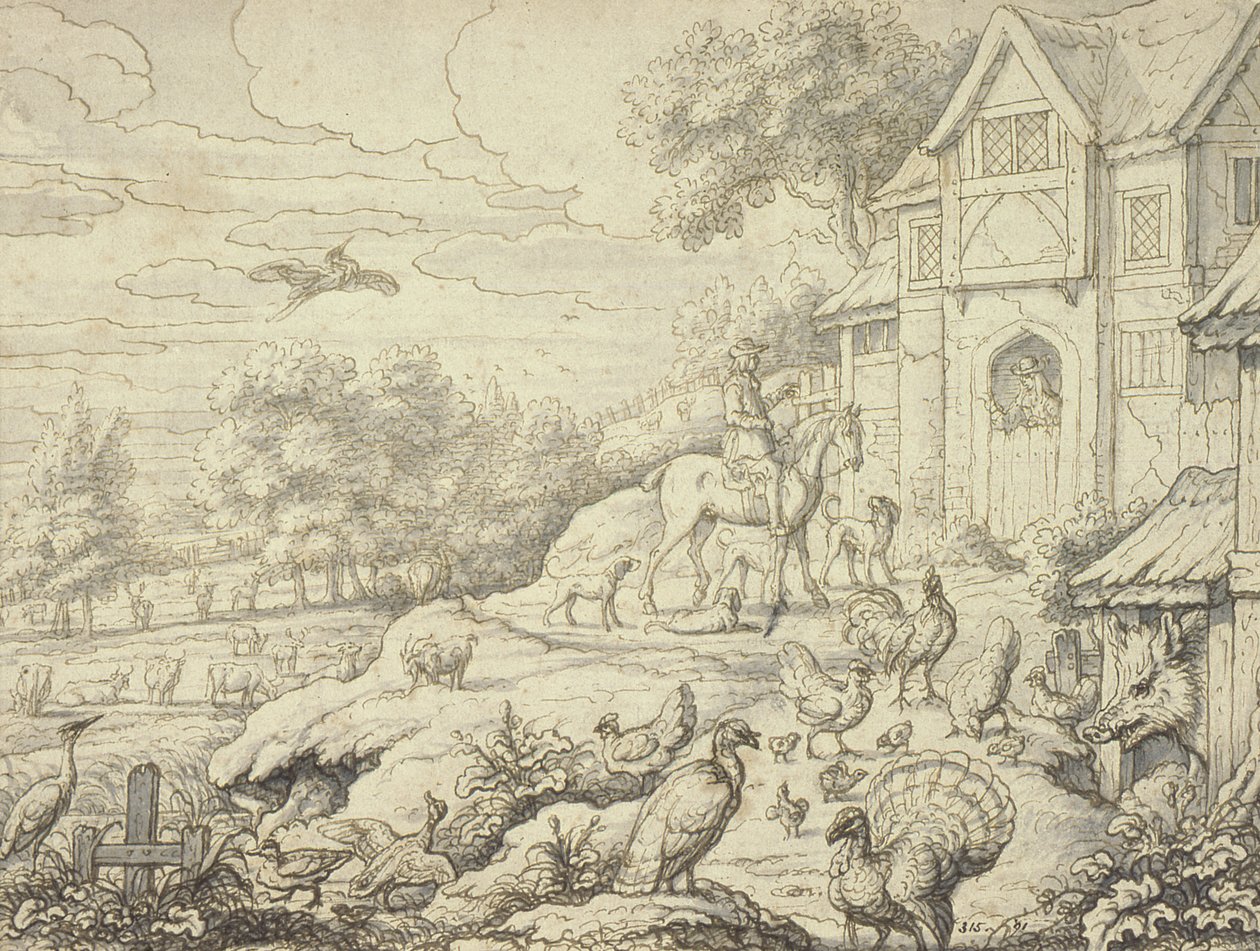 Boerenerf, met Figuren en Landschap Achtergrond door Francis Barlow