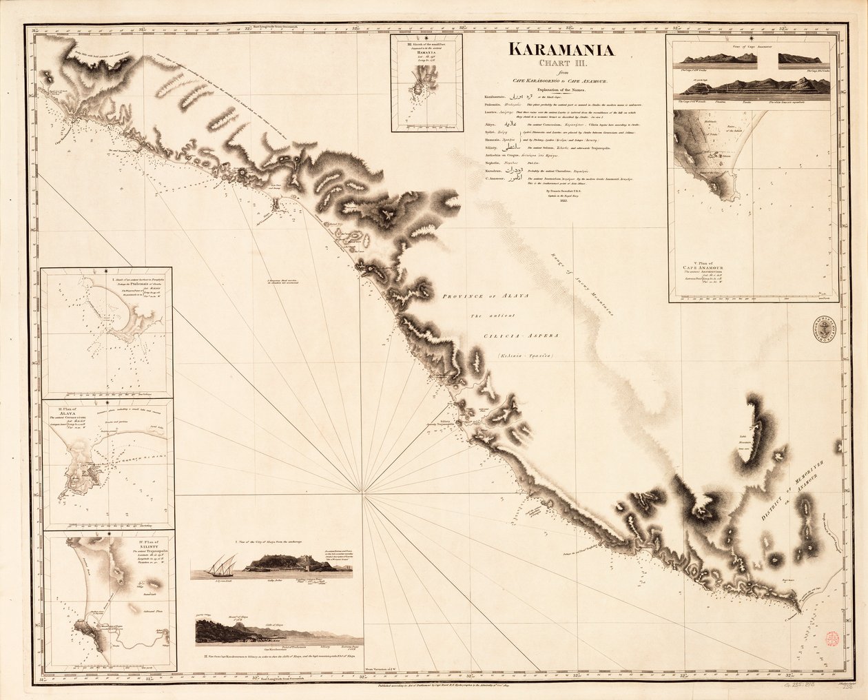 Karamania Kaart III van Kaap Karaboornoo tot Kaap Anamour door Francis Beaufort