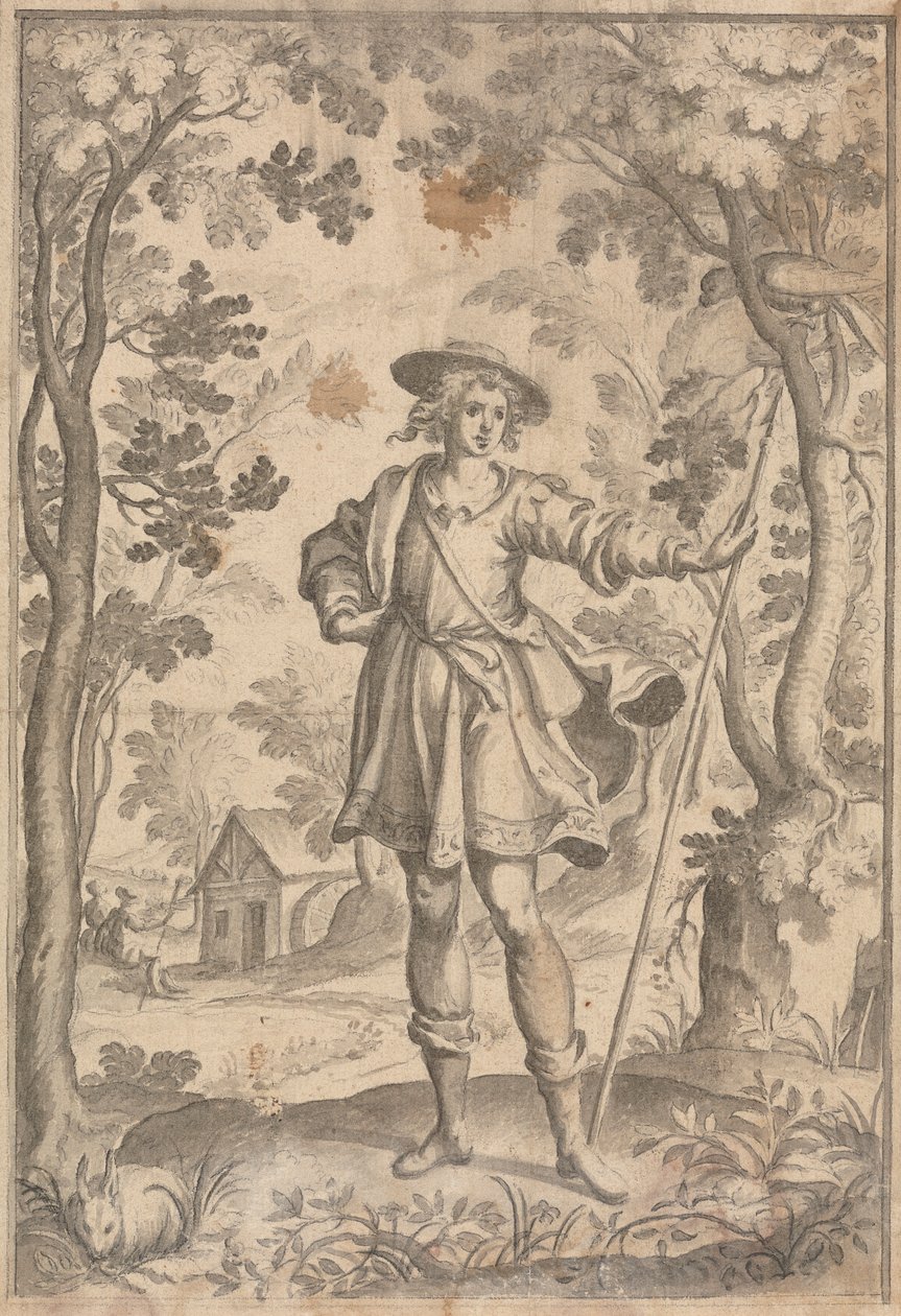Een jager met een speer in een bosrijke omgeving door Francis Cleyn