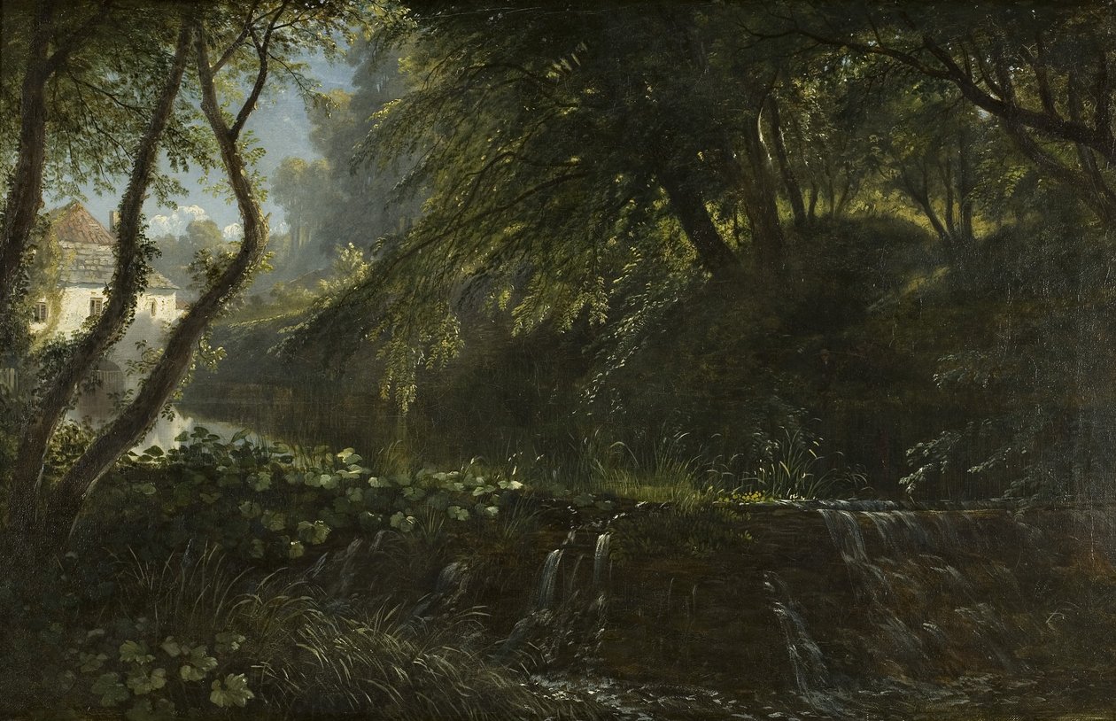Rivierscène met stuw en molen, ca. 1823 door Francis Danby