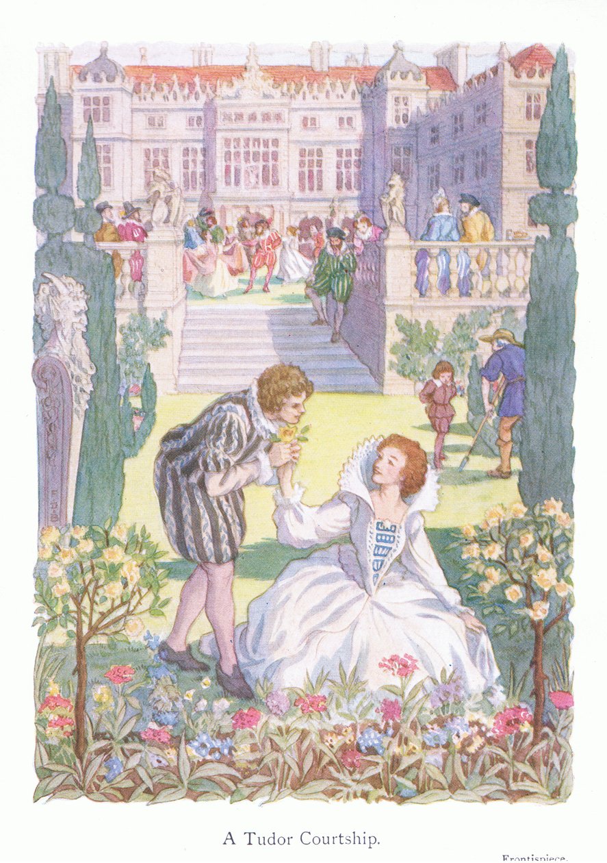 Een Tudor-verkering (kleurenlitho) door Francis Donkin Bedford