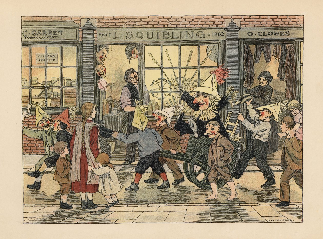 Vuurwerkwinkel - Victoriaanse kinderen trekken een Guy in een kar op Guy Fawkes-avond voor de vuurwerkwinkel van L. Squibling. Chromolithografie naar een illustratie van Francis Donkin Bedford uit The Book of Shops van Edward Verrall Lucas. door Francis Donkin Bedford