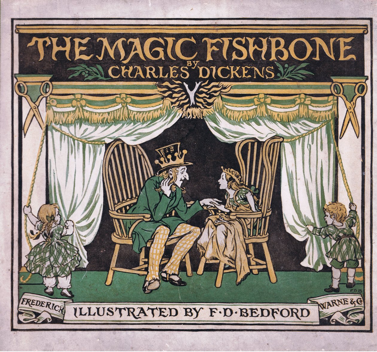 Ontwerp voorkant, van The Magic Fishbone pub.by Warne  Co, ca.1940 (kleurenlitho) door Francis Donkin Bedford