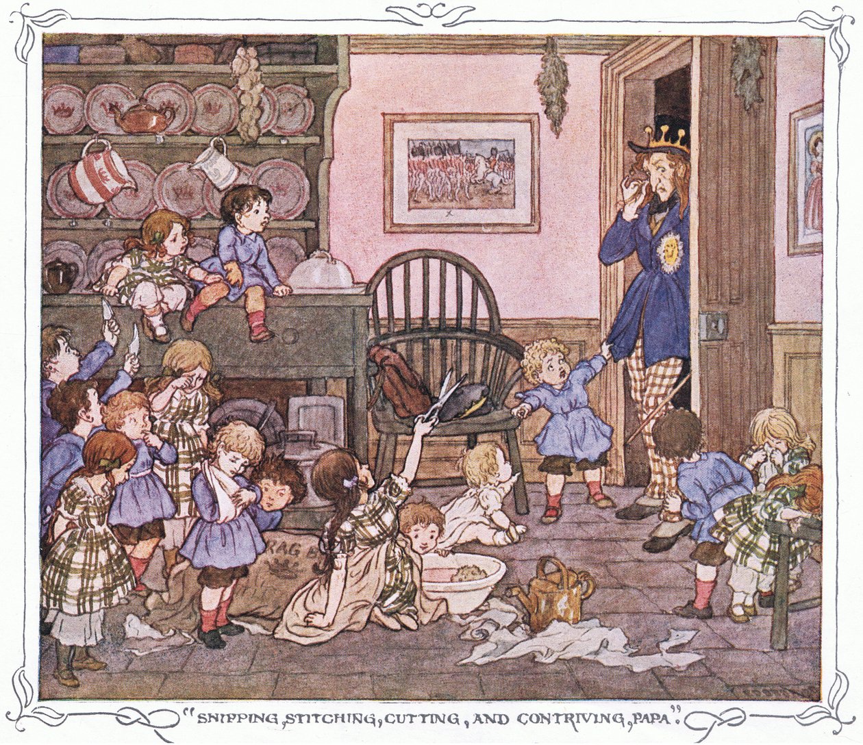 "Knippen, naaien, knippen en bedenken, Papa", uit The Magic Fishbone pub.by Warne  Co, c.1940 (kleurenlitho) door Francis Donkin Bedford