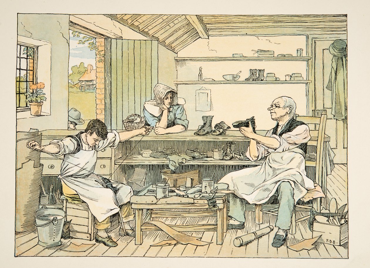 De schoenmaker, uit Vier en twintig zwoegers, pub. 1900 (kleurenlitho) door Francis Donkin Bedford