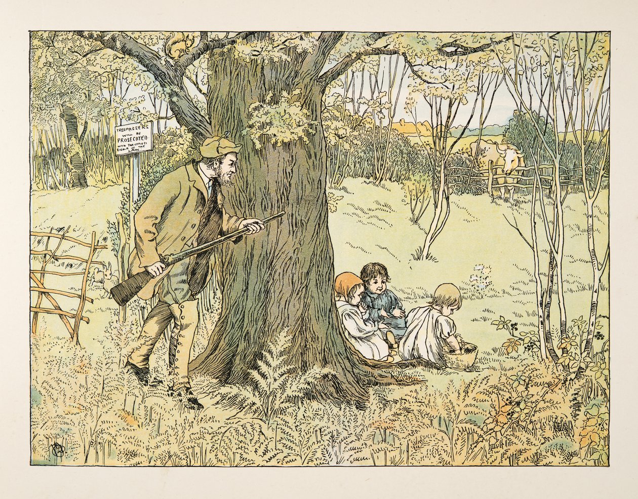 De jachtopziener, uit Four and Twenty Toilers, pub. 1900 (kleurenlitho) door Francis Donkin Bedford